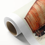 Art deco poster of colorful trucks on rolled canvas, ideal for nursery wall art.