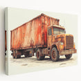 Colorful illustration of various trucks on a white background, printed on stretched canvas, suitable for kitchen wall art.