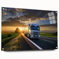 Acrylic print of abstract trucks in shades of blue and gray, suitable for bedroom or dining room decor.