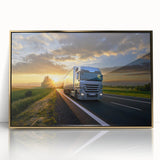 Mid-century modernist art featuring a collection of colorful trucks on a gold-framed acrylic, ideal for nursery wall decor.