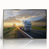 Mid-century modernist art of colorful trucks in pastel shades on a silver-framed acrylic, ideal for nursery wall decor.