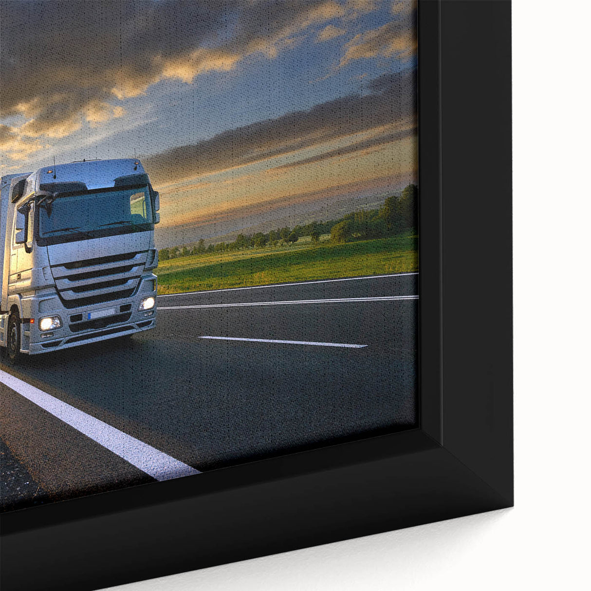 Extra large black wall art featuring colorful, textured trucks on a framed canvas, ideal for living room decor.