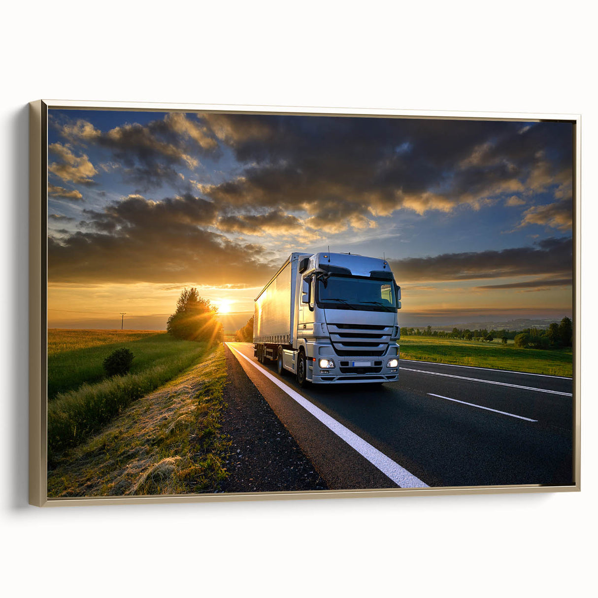 Framed canvas featuring a vintage black truck, set against a muted landscape, ideal for bedroom wall decor.