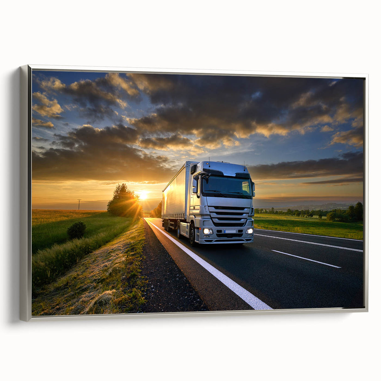 Framed canvas depicting a vintage black truck against a colorful abstract background, ideal for decorating a home office.