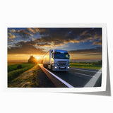 Rolled print of trucks in vibrant colors, suitable as extra large wall art for a dining room.