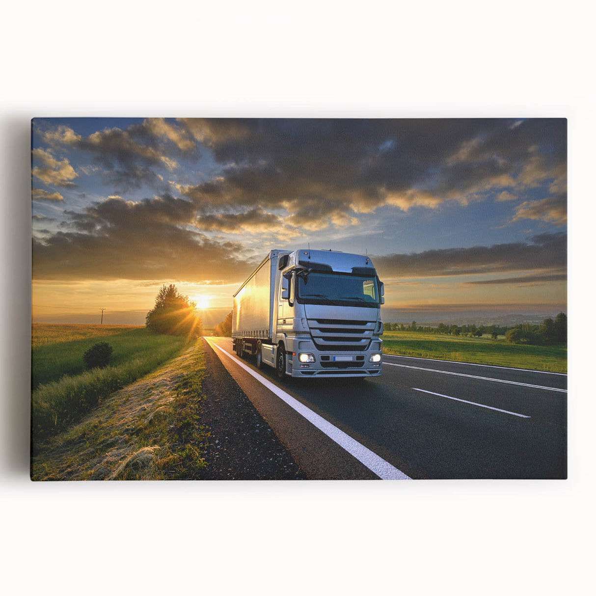 Black and white photo of vintage trucks on stretched canvas, suitable for kitchen wall art.