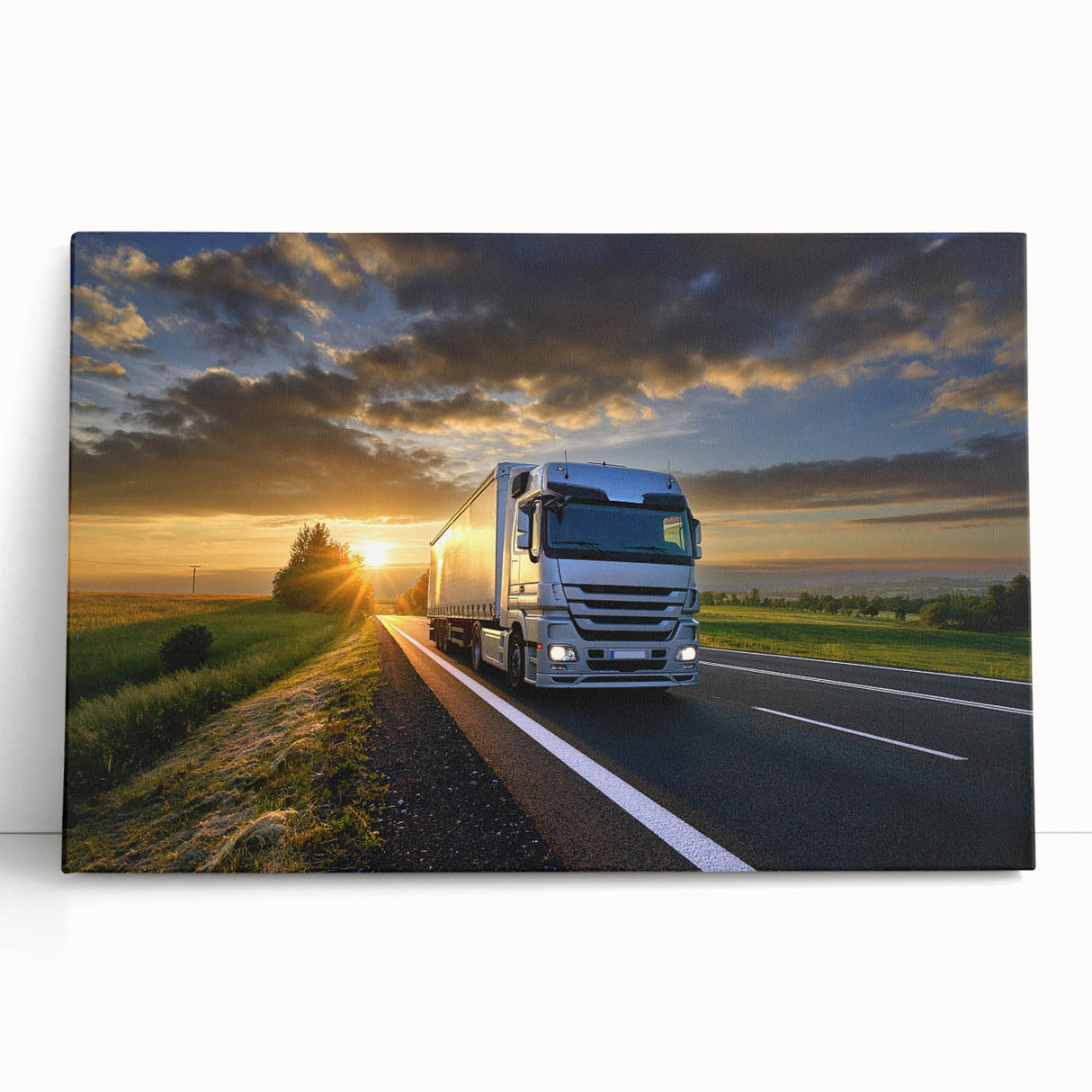 Black and white photo of vintage trucks on stretched canvas, ideal for kitchen wall art or bedroom decor.