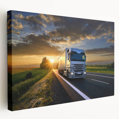 Side view of colorful trucks in a row on a stretched canvas, suitable for kitchen wall art.