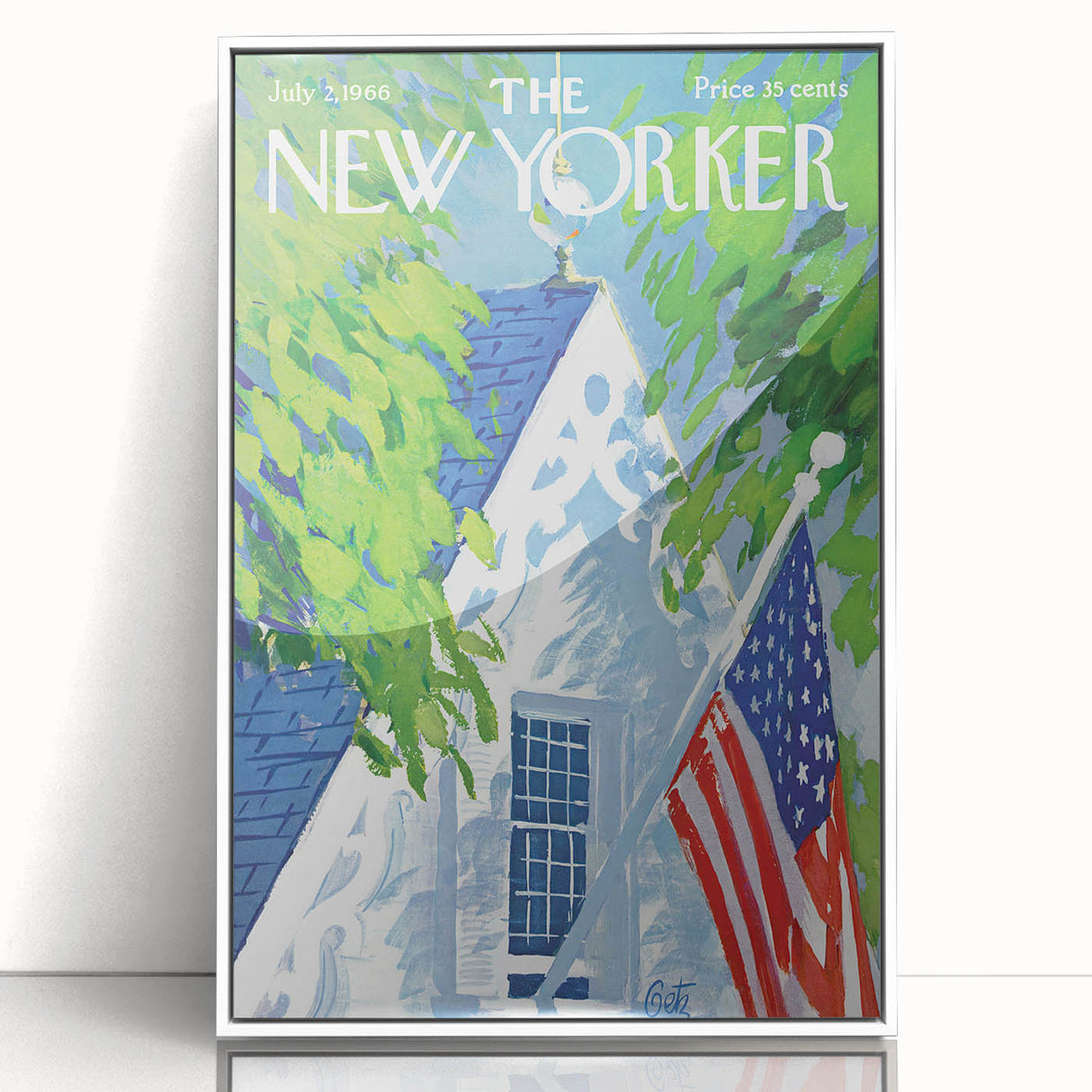 Vintage New Yorker Poster - American Flag on Balcony Wall Art Print