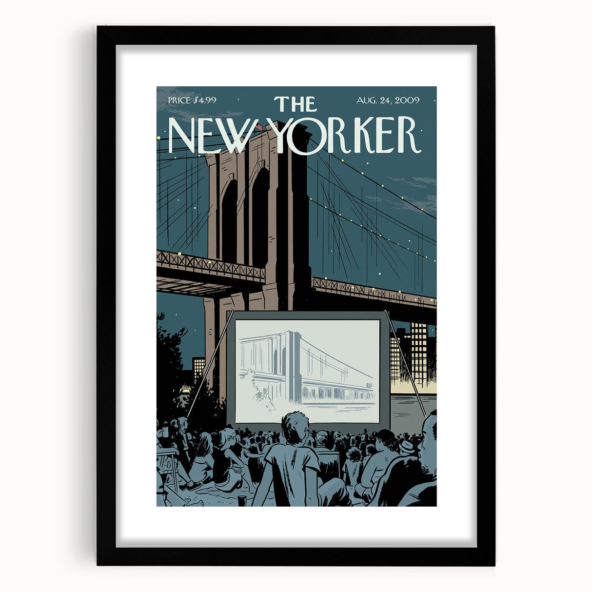 Vintage New Yorker Poster - Outdoor Movie Night at Brooklyn Bridge Wall Art Print