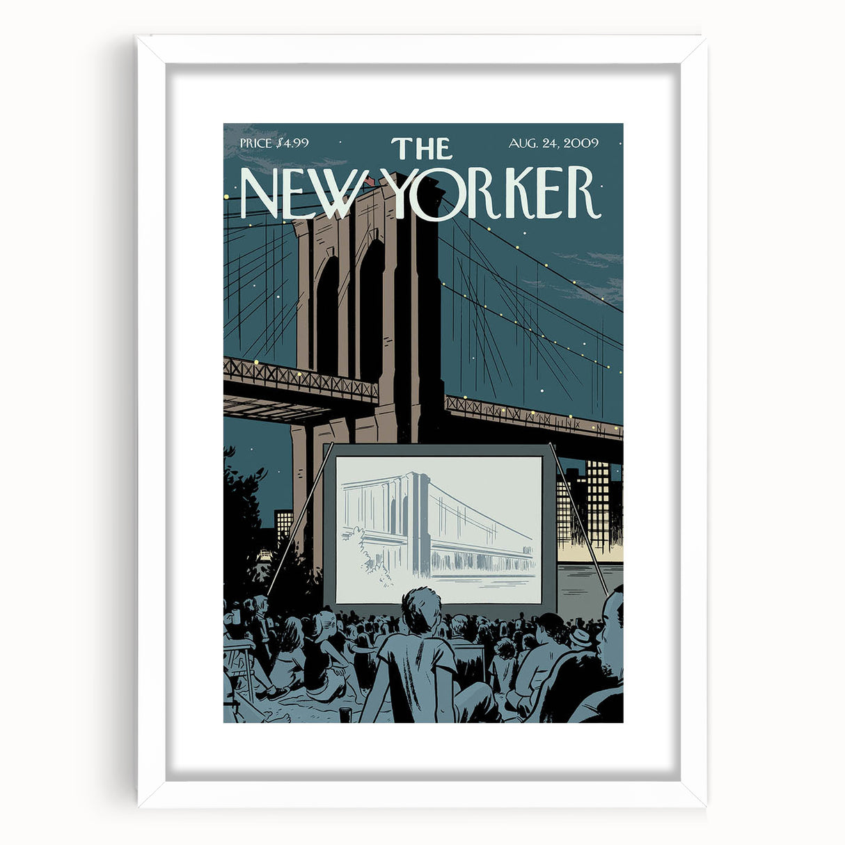 Vintage New Yorker Poster - Outdoor Movie Night at Brooklyn Bridge Wall Art Print