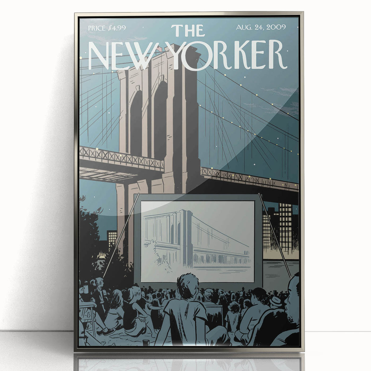 Vintage New Yorker Poster - Outdoor Movie Night at Brooklyn Bridge Wall Art Print
