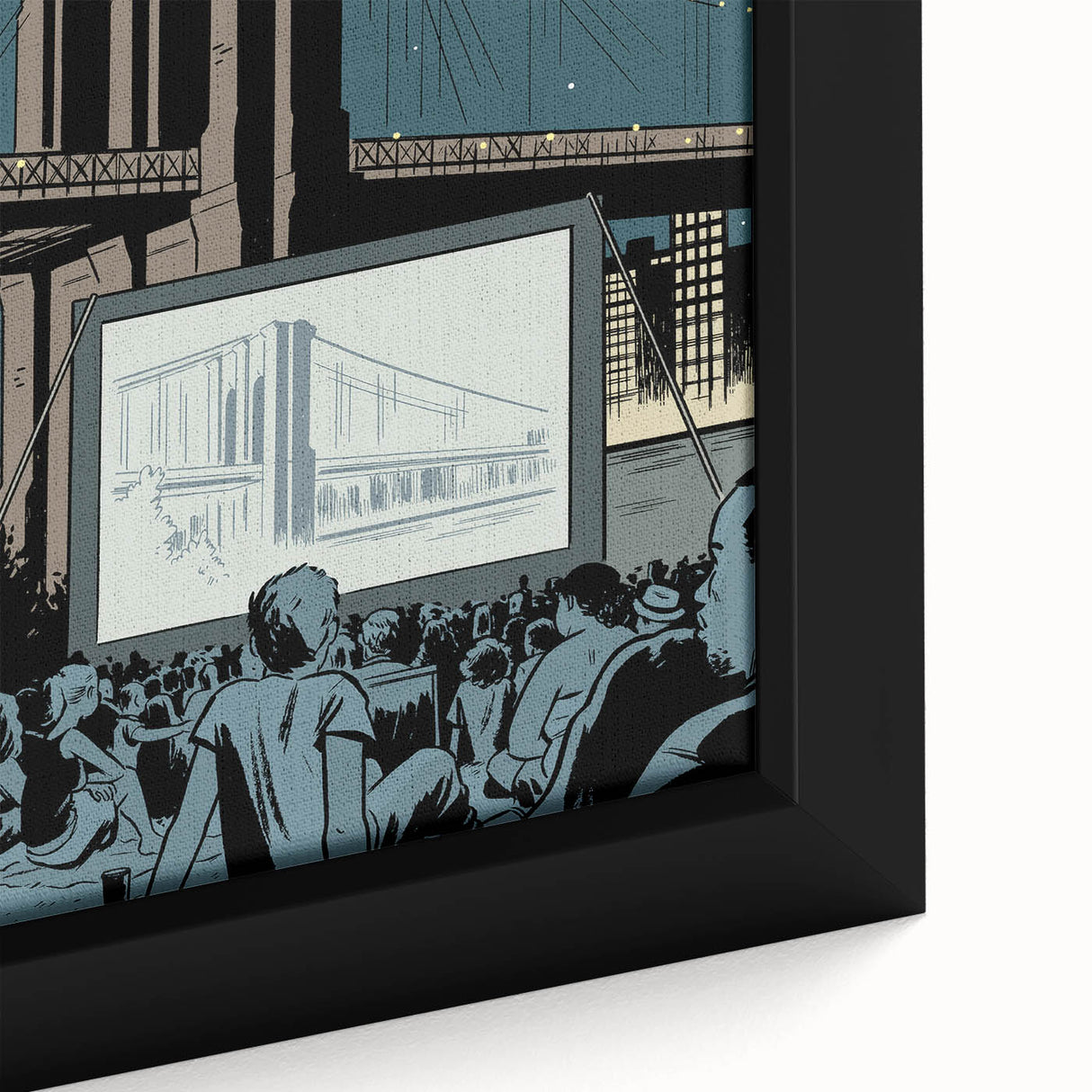 Vintage New Yorker Poster - Outdoor Movie Night at Brooklyn Bridge Wall Art Print