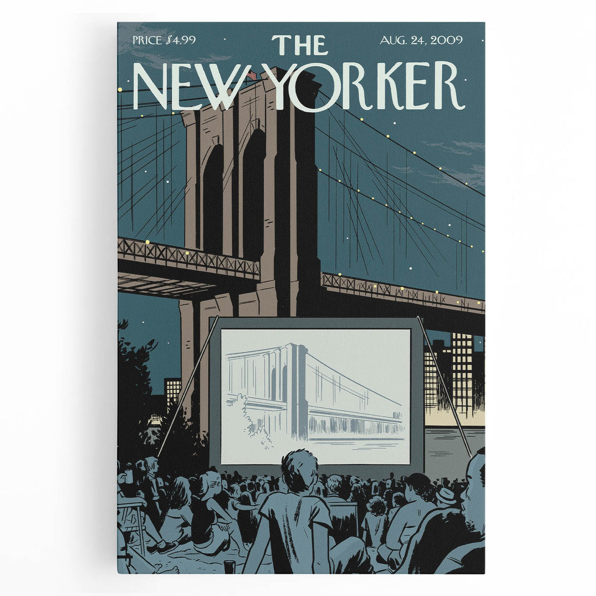 Vintage New Yorker Poster - Outdoor Movie Night at Brooklyn Bridge Wall Art Print