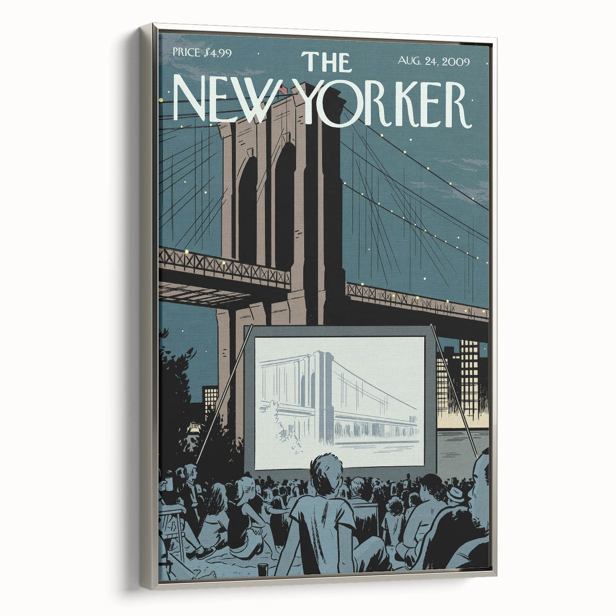 Vintage New Yorker Poster - Outdoor Movie Night at Brooklyn Bridge Wall Art Print