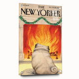 Vintage New Yorker Poster – Cozy Fireplace & Pug Illustration