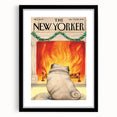 Vintage New Yorker Poster – Cozy Fireplace & Pug Illustration