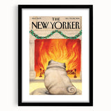 Vintage New Yorker Poster – Cozy Fireplace & Pug Illustration