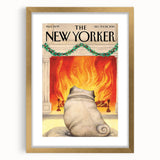 Vintage New Yorker Poster – Cozy Fireplace & Pug Illustration