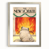 Vintage New Yorker Poster – Cozy Fireplace & Pug Illustration