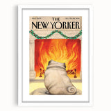 Vintage New Yorker Poster – Cozy Fireplace & Pug Illustration