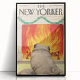 Vintage New Yorker Poster – Cozy Fireplace & Pug Illustration