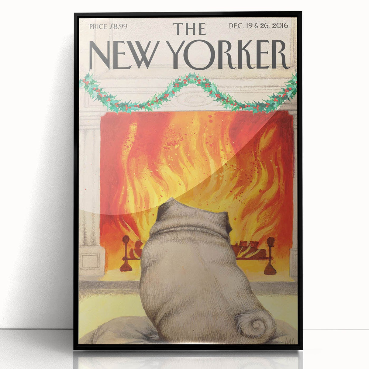 Vintage New Yorker Poster – Cozy Fireplace & Pug Illustration