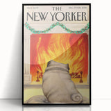 Vintage New Yorker Poster – Cozy Fireplace & Pug Illustration