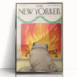 Vintage New Yorker Poster – Cozy Fireplace & Pug Illustration