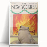 Vintage New Yorker Poster – Cozy Fireplace & Pug Illustration