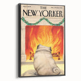 Vintage New Yorker Poster – Cozy Fireplace & Pug Illustration