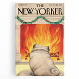 Vintage New Yorker Poster – Cozy Fireplace & Pug Illustration