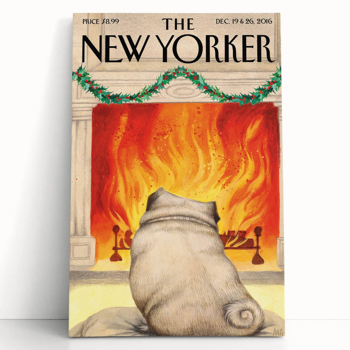 Vintage New Yorker Poster – Cozy Fireplace & Pug Illustration