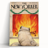 Vintage New Yorker Poster – Cozy Fireplace & Pug Illustration
