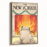Vintage New Yorker Poster – Cozy Fireplace & Pug Illustration
