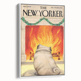 Vintage New Yorker Poster – Cozy Fireplace & Pug Illustration