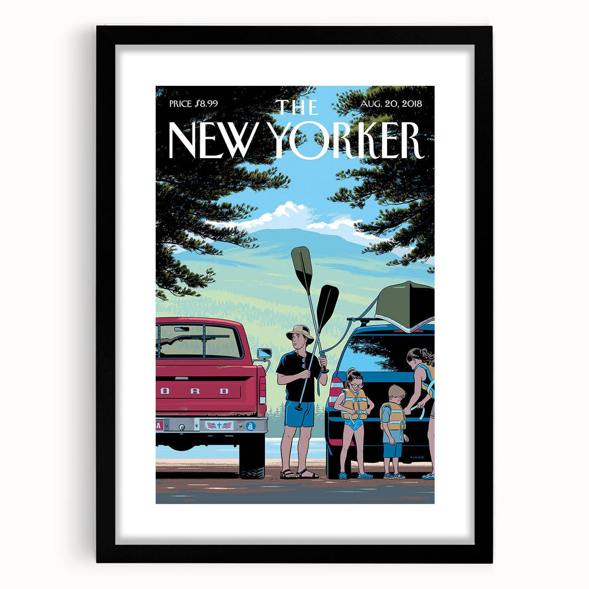 Vintage New Yorker Poster – Family Canoeing Adventure Art Print