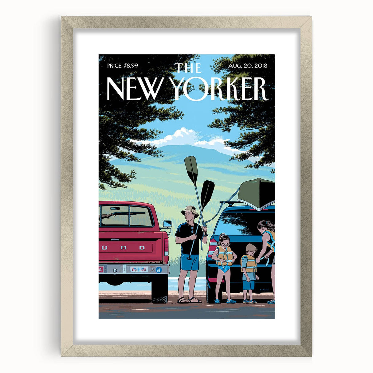 Vintage New Yorker Poster – Family Canoeing Adventure Art Print