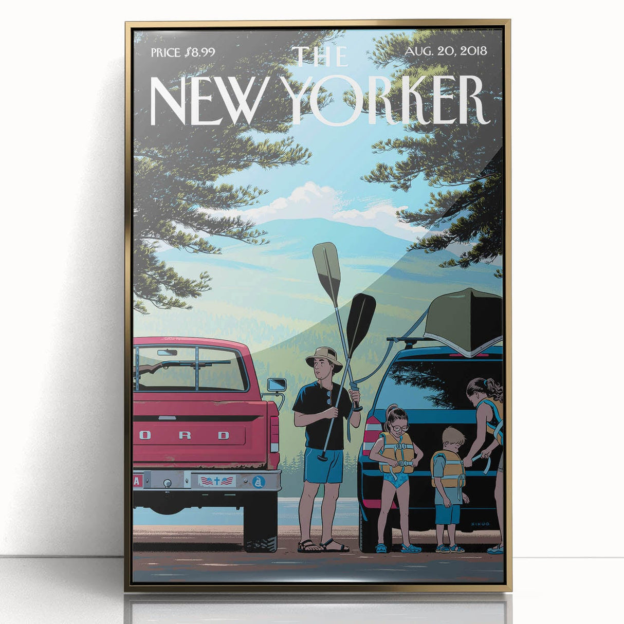 Vintage New Yorker Poster – Family Canoeing Adventure Art Print
