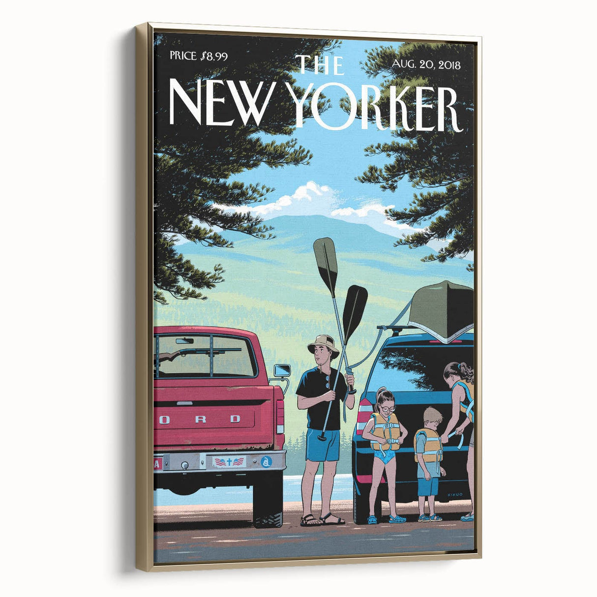Vintage New Yorker Poster – Family Canoeing Adventure Art Print
