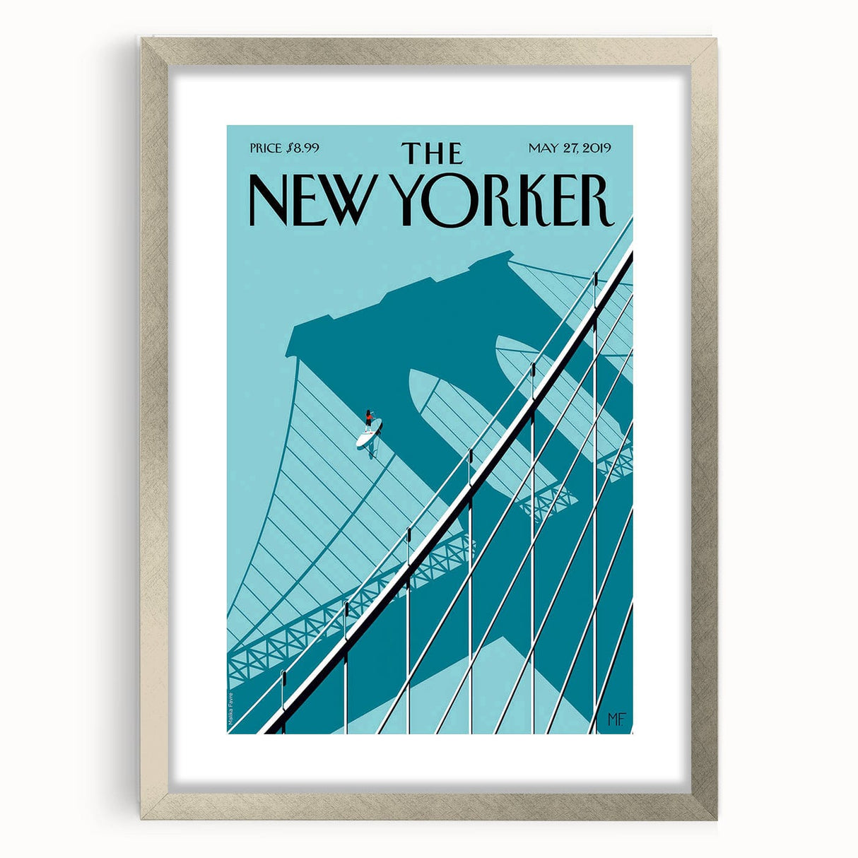 Vintage New Yorker Poster – Surfer and Brooklyn Bridge Art Print