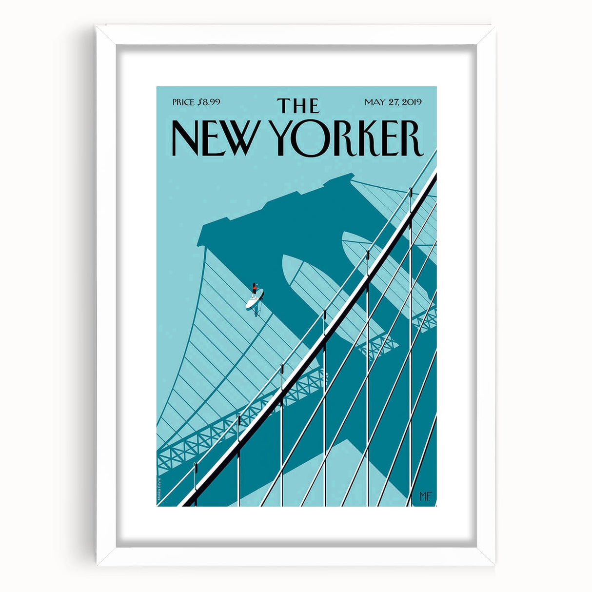 Vintage New Yorker Poster – Surfer and Brooklyn Bridge Art Print