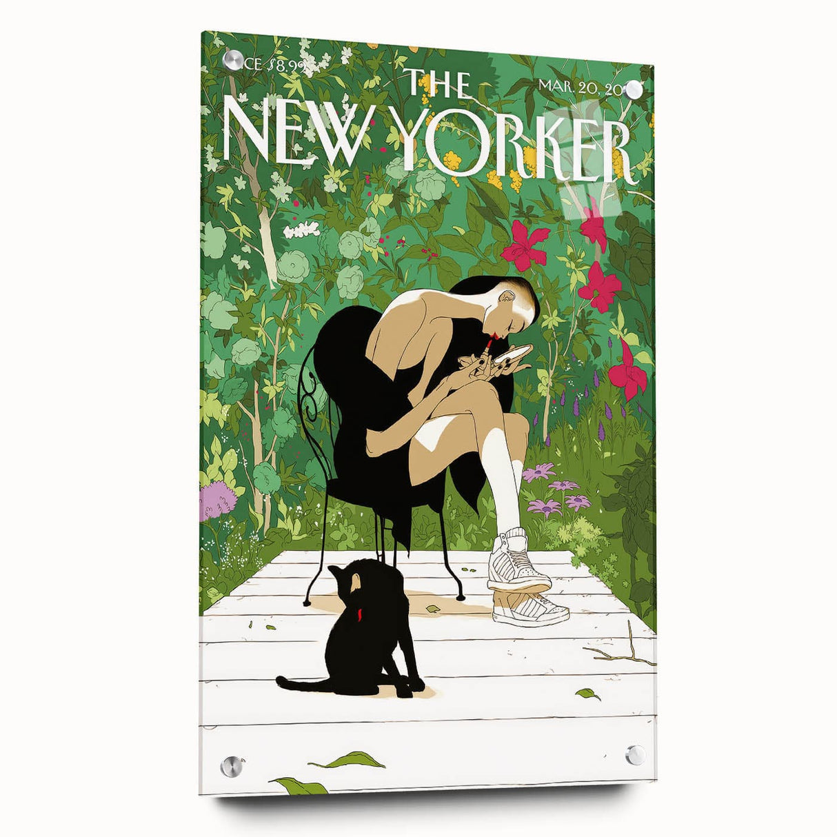 Vintage New Yorker Poster - Woman and Cat in Lush Garden