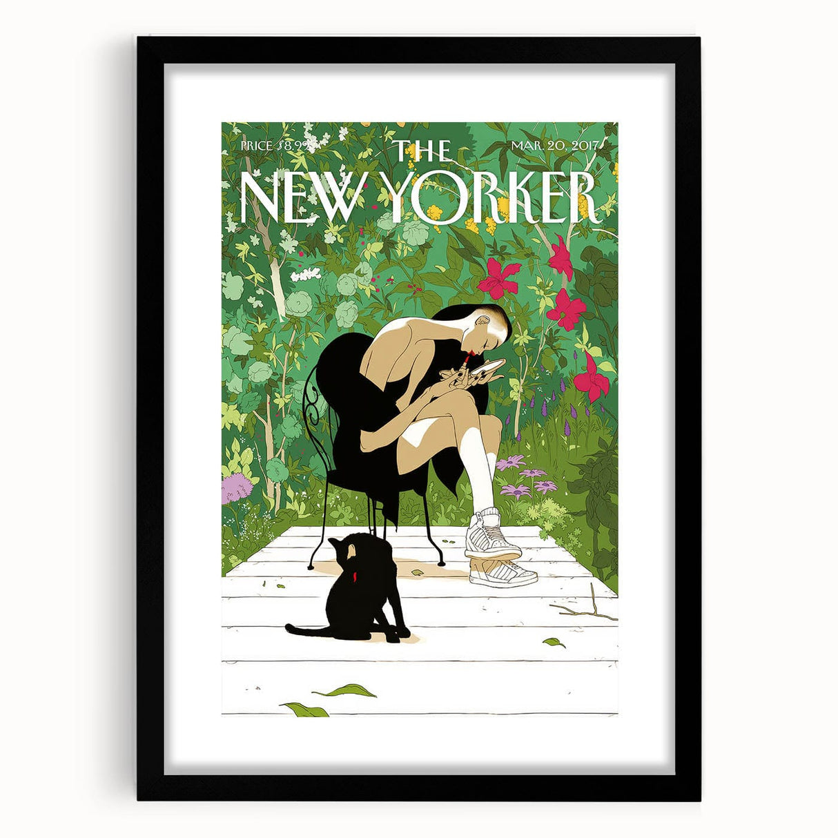 Vintage New Yorker Poster - Woman and Cat in Lush Garden