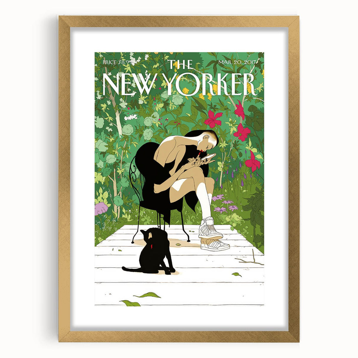 Vintage New Yorker Poster - Woman and Cat in Lush Garden