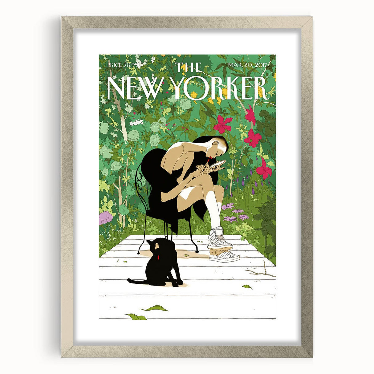 Vintage New Yorker Poster - Woman and Cat in Lush Garden