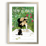 Vintage New Yorker Poster - Woman and Cat in Lush Garden