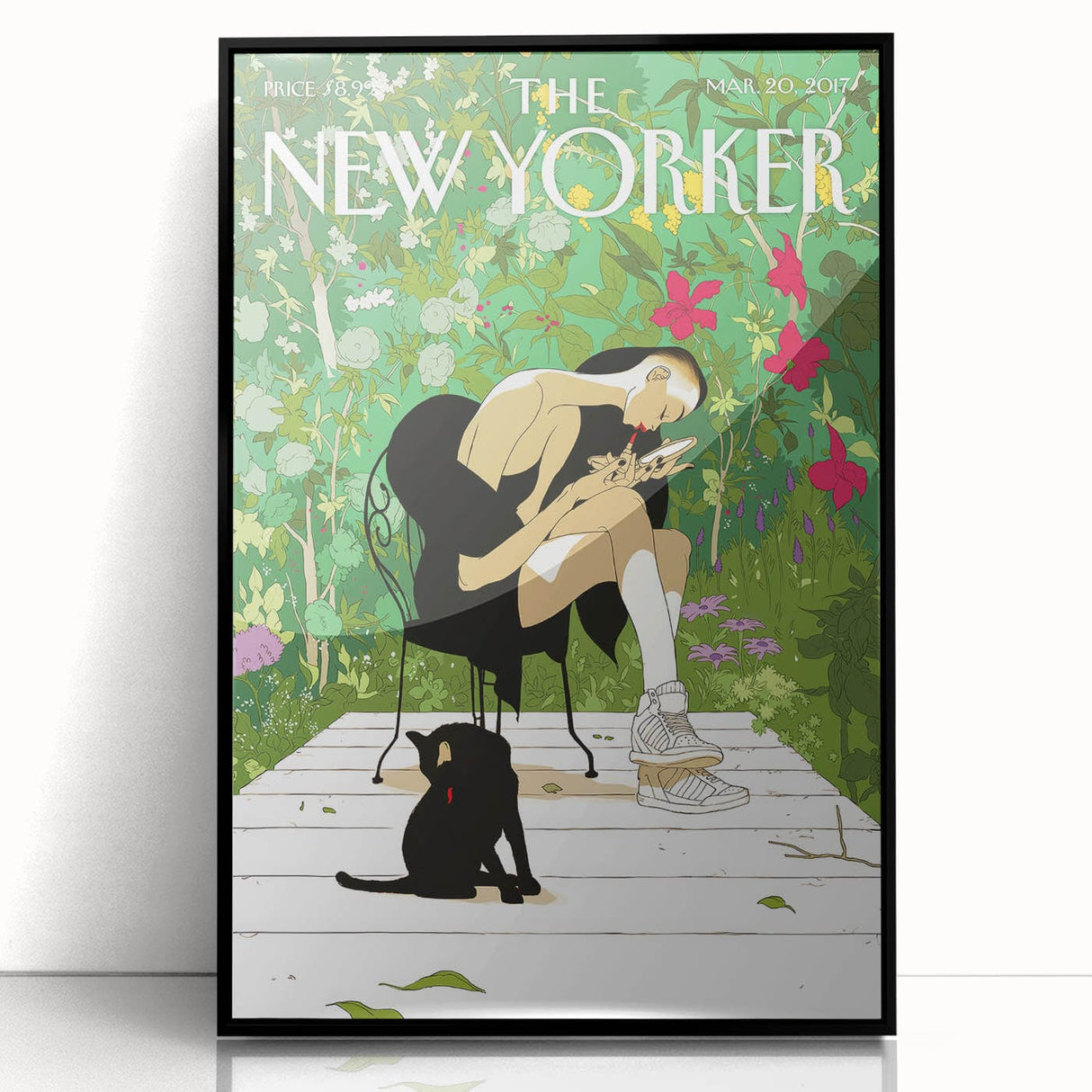 Vintage New Yorker Poster - Woman and Cat in Lush Garden