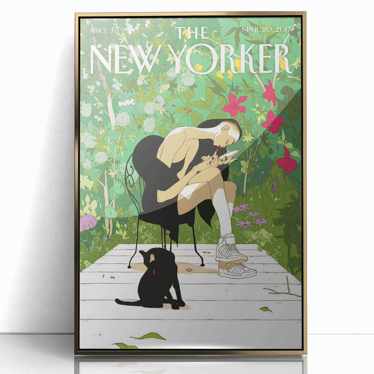 Vintage New Yorker Poster - Woman and Cat in Lush Garden