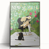 Vintage New Yorker Poster - Woman and Cat in Lush Garden